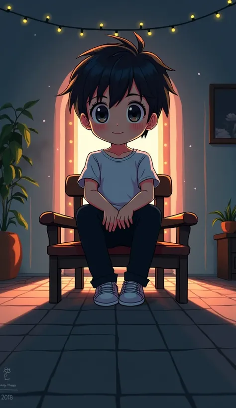 make A cute anime boy charcter wearing (white t-shirt) with animated blur light effect background