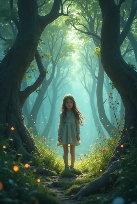 Teenager lost in an enchanted forest waiting for her mother