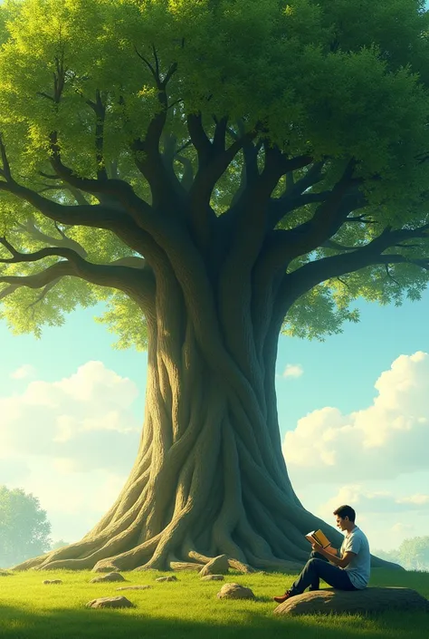 "The tree of self-confidence": A big and robust tree, with deep roots, bright green leaves, and a person sitting under it reading a book, symbolizing personal growth and self-confidence.