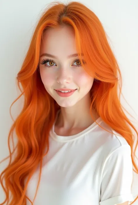 1girl, solo, upper body,
orange hair, long hair,
orange eyes, long eyelashes, thick eyelashes, looking at viewer,
smile,
white shirt,
white background, simple background,