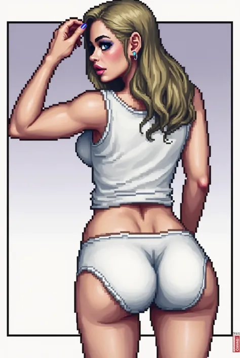 ((masterpiece, best quality)), ((((perfect anatomy)))), ((buff)) Norwegian ((woman)) with long blonde hair, dark eye-shadow, dark blue eyes, ((white high cut cotton panties)), white tanktop, realistically proportioned, (((pixel art, pixel, realistic art st...