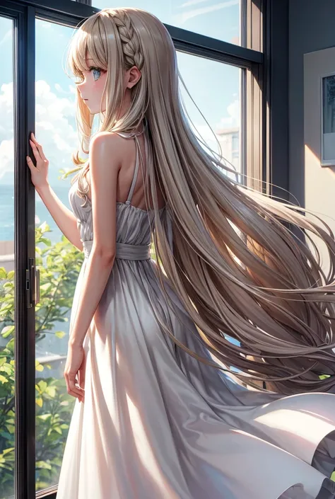 solo, One woman, Long Hair, Back view,natural,Looking out the window from inside the room,Cute in the room,Bright,hope,null,look up,Long dress,White and beige,The window is medium