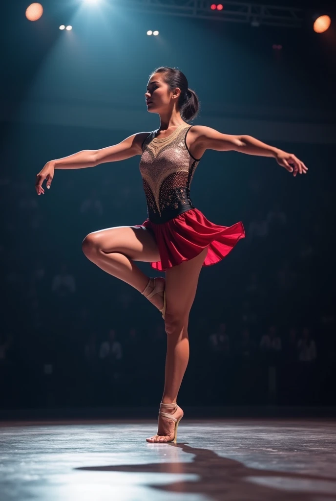 An indonesian girl, gymnastic athlete, tight suit with skirt, standing split leg, on the stage,