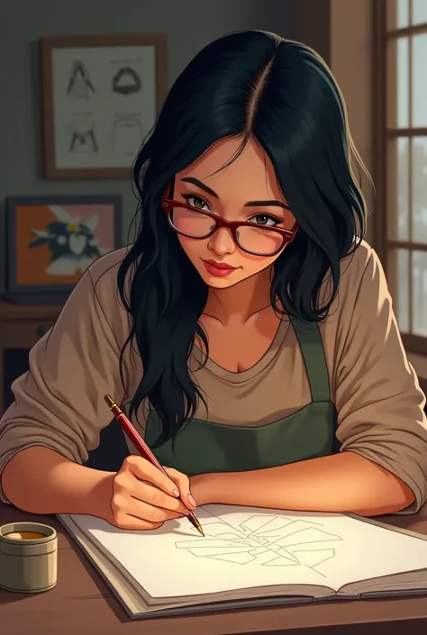 woman drawing, straight black hair, eyes browns, working, with glasses, chubby. SOCIAL CLOTHES