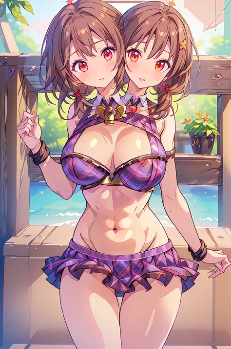 (masterpiece, best quality), best quality, (ultra-detailed), (((3heads:1.5)))), ((three headed girl:1.5)), 1girl, (sumireko usami:1.3), masterpiece, best quality, ultra quality, ultra resolution, ultra detail, purple plaid top, crop top, ((stomach)), midri...