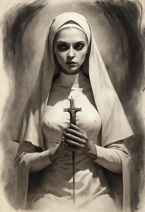 A nun demonic figure holding a penis putting inside vagina, graphite technique on old paper style, deep brush shadows, professional illustration, creepy