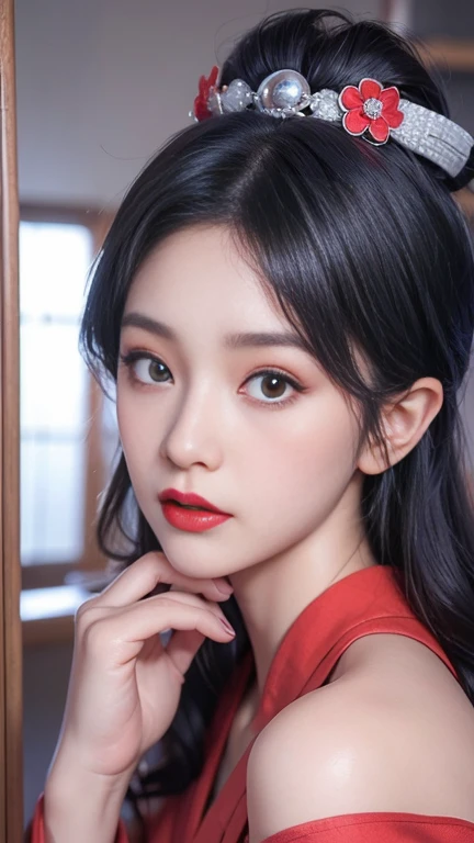 Top quantity，Ultra HD resolution,  Ultra-thin face,   ()，Long eyelashes,   Very detailed lips,   Exquisite eyes,   Double eyelids,   Makeup face.   Hair accessories,    grace,    enchanting,

((Beautiful Japanese geisha. Wearing red kimono. Bare shoulders ...