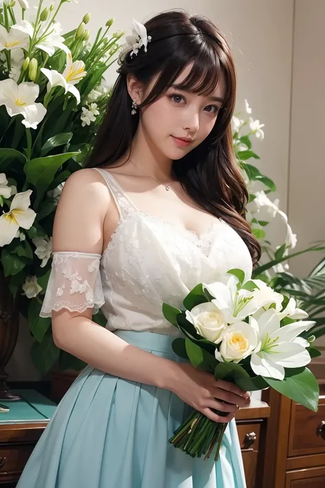 Medium Size Display, Medium Shot, Written boundary depth, bust, Upper Body, Movie angle, masterpiece, Highest quality, Very detailed, CG, 8k wallpaper, Beautiful Face, Delicate eyes, Otome, alone, smile, bangs, skirt, Formal blouse, Bouquet of lilies