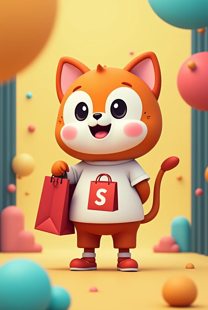 Make a Shopee Finds profile logo with a unique mascot now make it with a shirt with a shopping bag print 