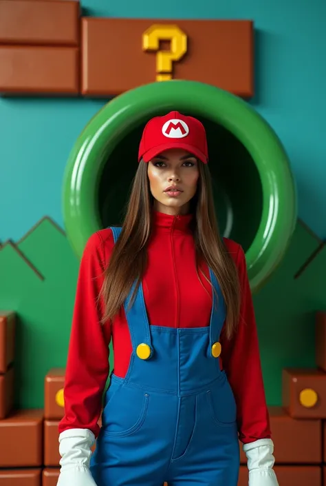 A professional photo of a super model with long straight brown hair with a middle part, dressed as Super Mario, halfway sticking out of a green warp pipe, and brick blocks and illuminated yellow question blocks background