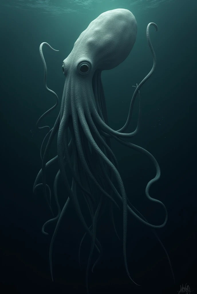 A giant squid with long tentacles swims in the dark ocean, looking mysterious among the endless depths of the sea.
