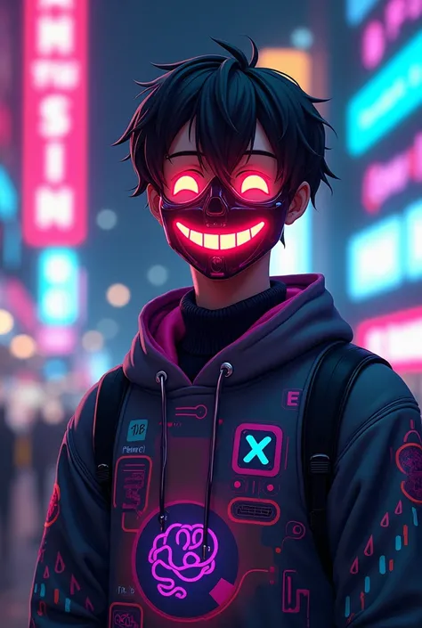 Create an 1 man in a cyberpunk style anime sweater with a smiling LED mask