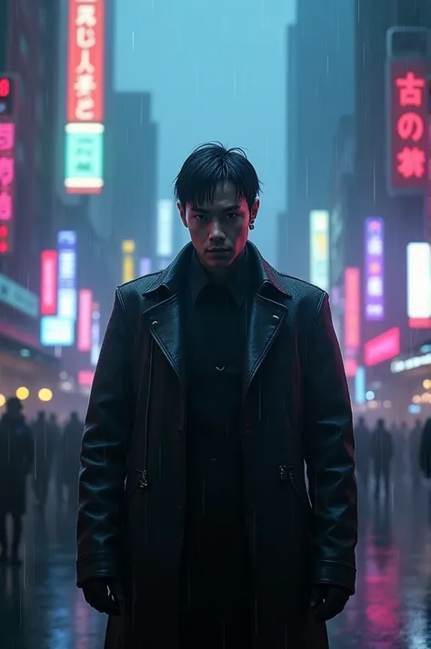 Man with short straight hair combed up in the world of Blade Runner 2049 with rain