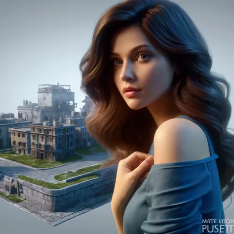 Stock image of a woman with long hair and a blue blouse, matte painting portrait, 3D rendering and matte painting., 3d soft cg rendering, beautiful 3d render, Hyperrealistic 3D rendering, Detailed 3D digital art, magnificent 3d render, stylized urban fanta...