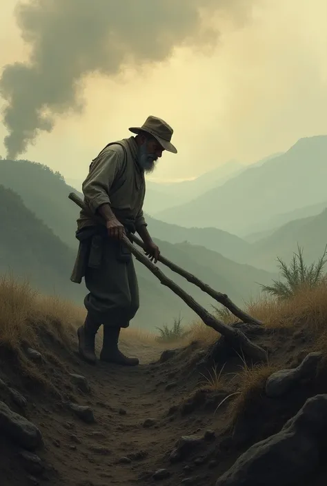 Peasant working the land, with the atmosphere filled with smoke