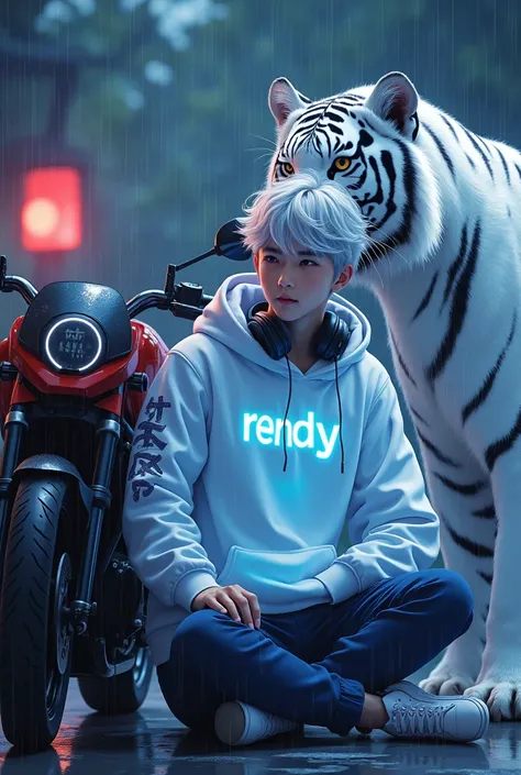 Anime male 1 wearing a white hoodie with writing "RENDY" on the chest,Hoodie has a glowing effect,wearing sneakers,White hair,Headphones on the neck taking a photo next to a motorbike while sitting in a pose ,1 White tiger on the side,Rainy night atmospher...