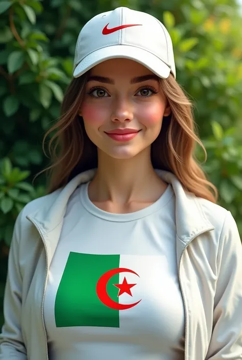 Close up, attractive plump young woman, wearing Nike cap and white Nike jacket with T-shirt featuring Algerian flag design in relief and half green, white and red, green nature background