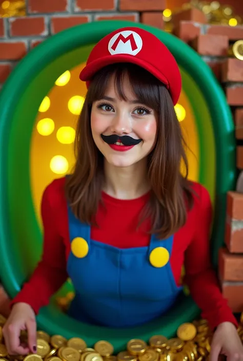 A professional photo of a 20 year old girl with straight brown hair with a middle part, dressed as Super Mario, halfway sticking out of a green warp pipe, and brick blocks and illuminated yellow question blocks, and shiny gold coins background