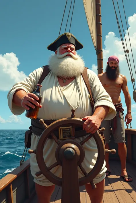 naughty man, fat and with a white beard, charismatic, Loose white clothes, with a white captain&#39;s cap, with a bottle under his arm, holding the helm, seen from behind on a simple vessel, seeing a white fisherman, Scrawny, sunburned, with a short beard,...