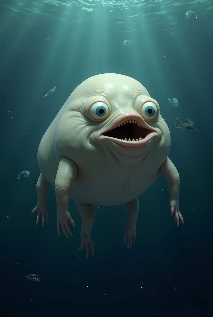 A Blobfish with a strange and flabby face, floating in the depths of the sea, looks unique and a little ridiculous in the aquatic environment.
