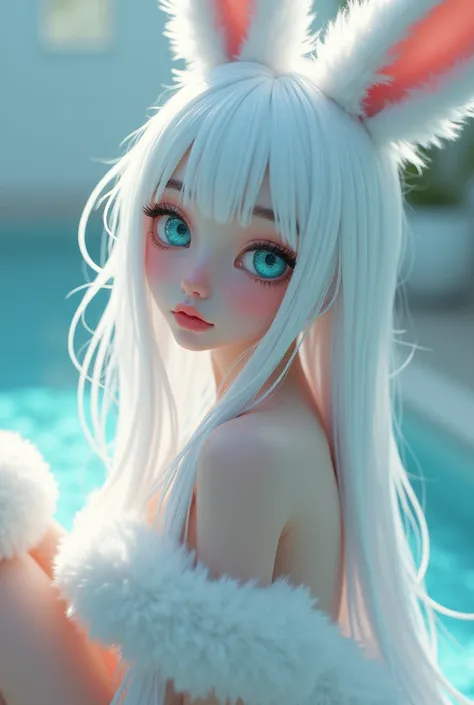 (**Woman**) (**hybrid**) uma Woman coelho de olhos grandes que transmite inocência e adorável. Long white ears and a fluffy, fluffy tail in a ball. With cyan blue eyes and white hair, clear, soft and glowing skin, soft thighs and beautiful body 