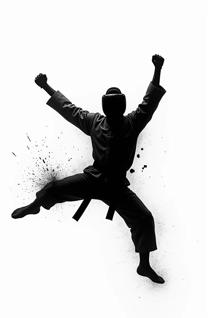 Create an all-black taekwondo athlete breaking a black board on a white background. That it is not at all realistic with face and clothing details, I want you to make it like a shadow, don&#39;t look at the animal and stop being stupid