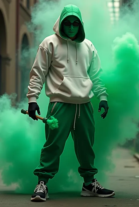 Bandit with green mask, wearing white sweatshirt, with green pants, wearing black sneakers and holding a green flare

