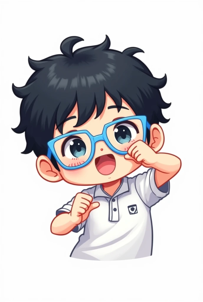 With white background A boy with light blue glasses with a bit of black,black wavy hair, with white polo with white sleeves doing chibi style mewing 
