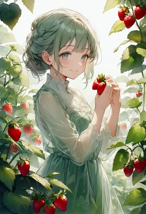 focus on girl,depth of field,translucent layers, Blending with Plants, fluid textures, subtle hues, organic forms, poetic atmosphere, BREAK Smiling picking strawberries from the vegetable garden,