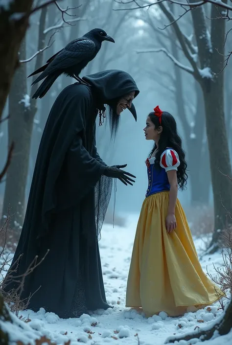 The Snow-white with a long nose like Pinocchio and the evil Witch giving her hands and with a crow standing on its shoulder.