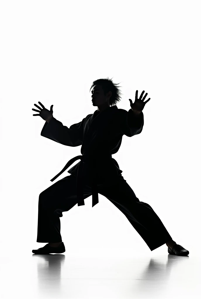 Create an all-black taekwondo athlete breaking a black board on a white background. That it is not at all realistic with face and clothing details, I want you to make it like a shadow