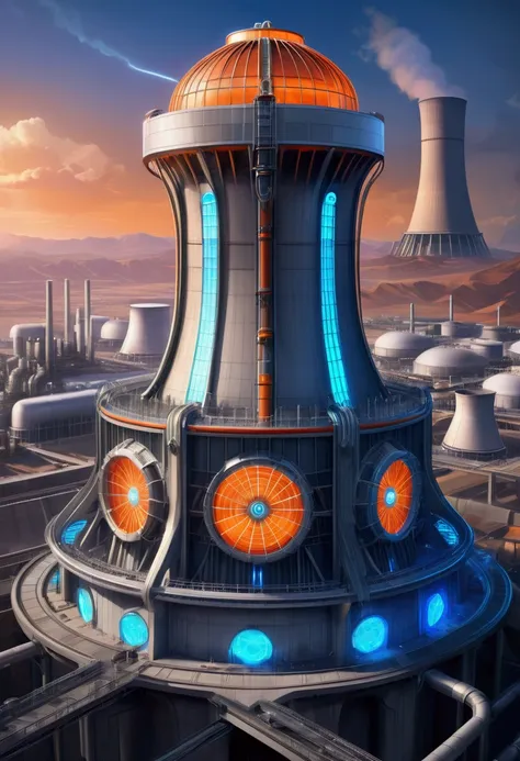 pixar-style mechanical nuclear power plant, cooling tower, special symbols，blue and orange， neon lights标志, neon lights, aerial v...