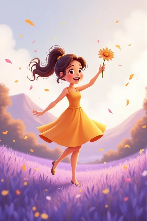 A golden-colored cartoon girl holding a flower and dancing in a lavender field.