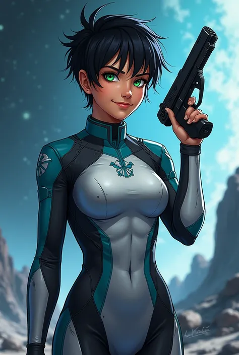 A human woman in her 20s, excellent physique, wearing a galactic patrol uniform in the colors of silver and sky blue, green eyes, black hair in a pixie cut hairstyle, carrying a laser pistol. Smirking confidently