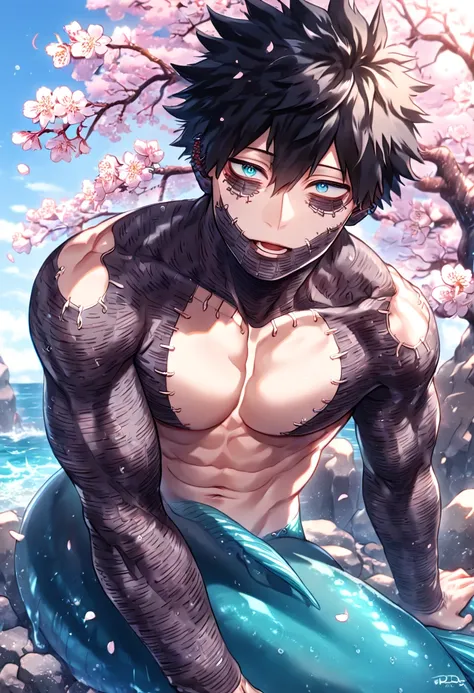 absurdres, highres, ultra detailed, HDR, master piece, best quality, extremely detailed, detailed eyes, detailed face, Dabi, black hair, expressive turquoise eyes, Boku No Hero Academia, solo, sexy merman, handsome, sensual, manly, mature, adult, bare ches...