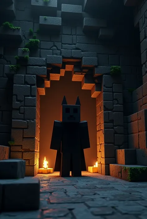 Let it be Minecraft with a dark friend towards the entrance of a dungeon