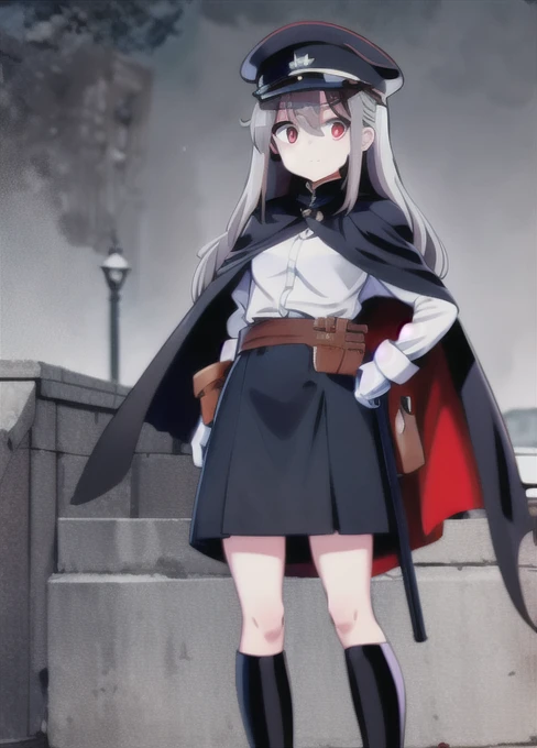 1girl, solo, white IJA peaked cap, ,black long boots, small breasts, blue navy cape, cape narrow waist, grey hair, long hair, red eyes, white gloves, holster,long skirt, leather belt pouch, city, night