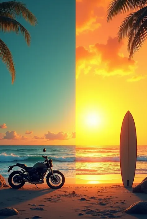 creates a beach style image.half right side yellow sunset with a surfer&#39;s board and half left side blue with sea with a biker&#39;s motorcycle
