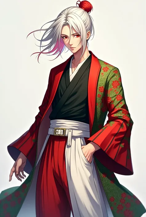 Draw a character of 1,63 male with a black long-sleeved blouse, a white belt and wide pants and red habakis with a black stripe that goes around all corners of the habaki and with small completely green flowers and with a haori that reaches the knees and i...