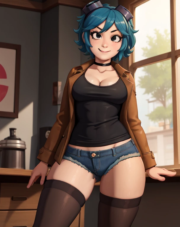 masterpiece, best quality, 1girl, solo, closed mouth, smile, looking at viewer, scottpilgrimvstheworld, denim short-shorts, blac...