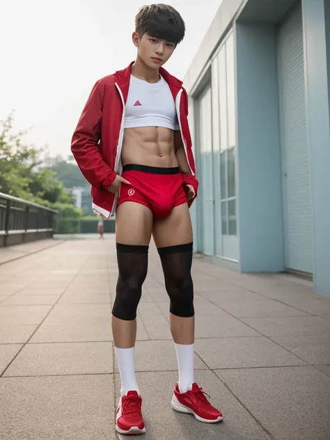  teenagers , very young , light-skin , wearing an dark red sexy underwear, tmasterpiece，k hd，the feet，Transparent sports vest，semi transparent，black long socks，The barefoot , red colour , handsome and cute , extreme cute boy , white skin , dark red underwe...