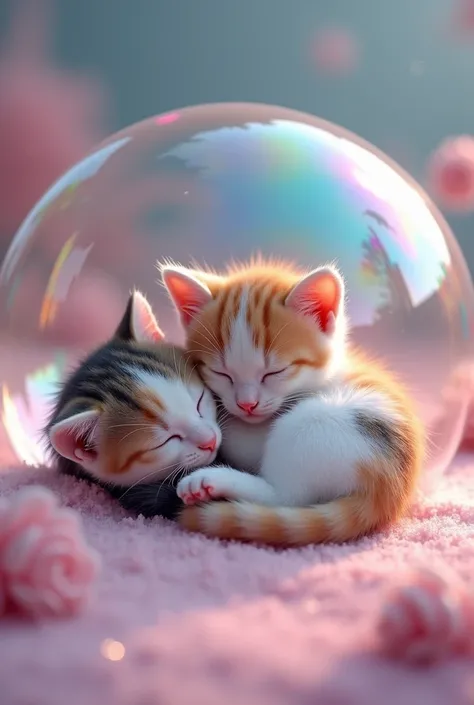 High resolution、8k、Realistic depiction、Small calico kitten２Animals、Curled up and sleeping、Sleeping on a soap bubble