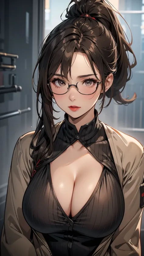 Brown and gray sniper girl wearing brown military suit，Huge breasts，ruins，Red glasses，Thick smoke all around，Cleavage，Lipstick，Ponytail hairstyle，Nipple showing，cleavage，secretary