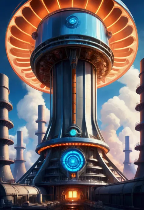 pixar-style mechanical nuclear power plant, cooling tower, special symbols，blue and orange， neon lights标志, neon lights, aerial v...