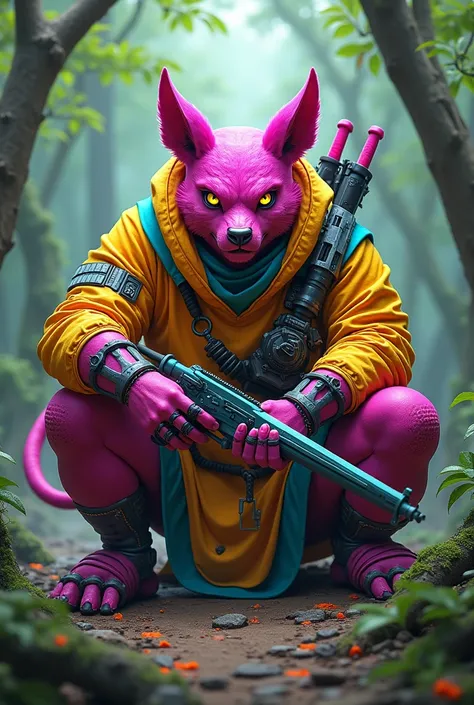 Hulk color rosa, forest. china armor , fighter, seated , dog ears, gills, sexy. Neon colored clothes, Crossbow,  blood, swords, powers of lights , four robotic arms, , pink clothes, yellow and green, neon, fluorine, 