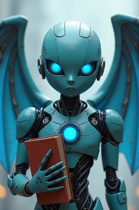 generate a cyborg with a blue color eyes that has a wings and has a skin part like arms and face. carries a book 