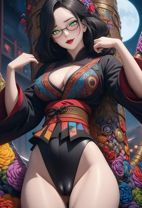 A beautiful woman with a well-sculpted body, adult, blushing, thin waist, nice pair of thighs, tall, medium breasts, anatomically well-shaped hands, anatomically well-shaped feet, lips, bright colors, cleavage, long black hair, creative Japanese style hair...