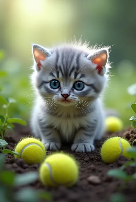 Tennis balls are buried、Cute gray kitten、Her eyes are pale blue.　Magical beauty