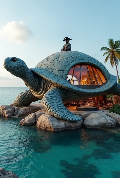 creates an image of a large stone turtle with a restaurant inside and a nightclub with a bar and music that has a door and that has modern architecture and many lights
but that it has transparent windows and that it manages marketing colors and that he has...