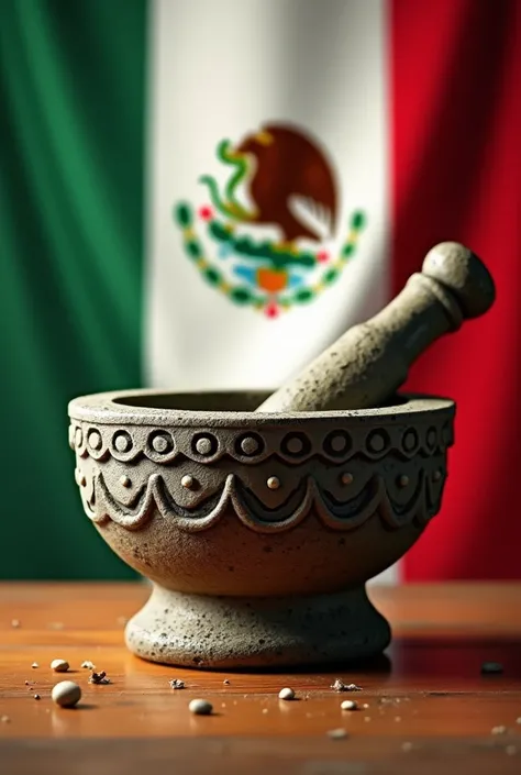 Please create an image of a friendly Mexican molcajete, I need it for the September 16th festivities, and say Viva Mexico and the Mexican flag in the background